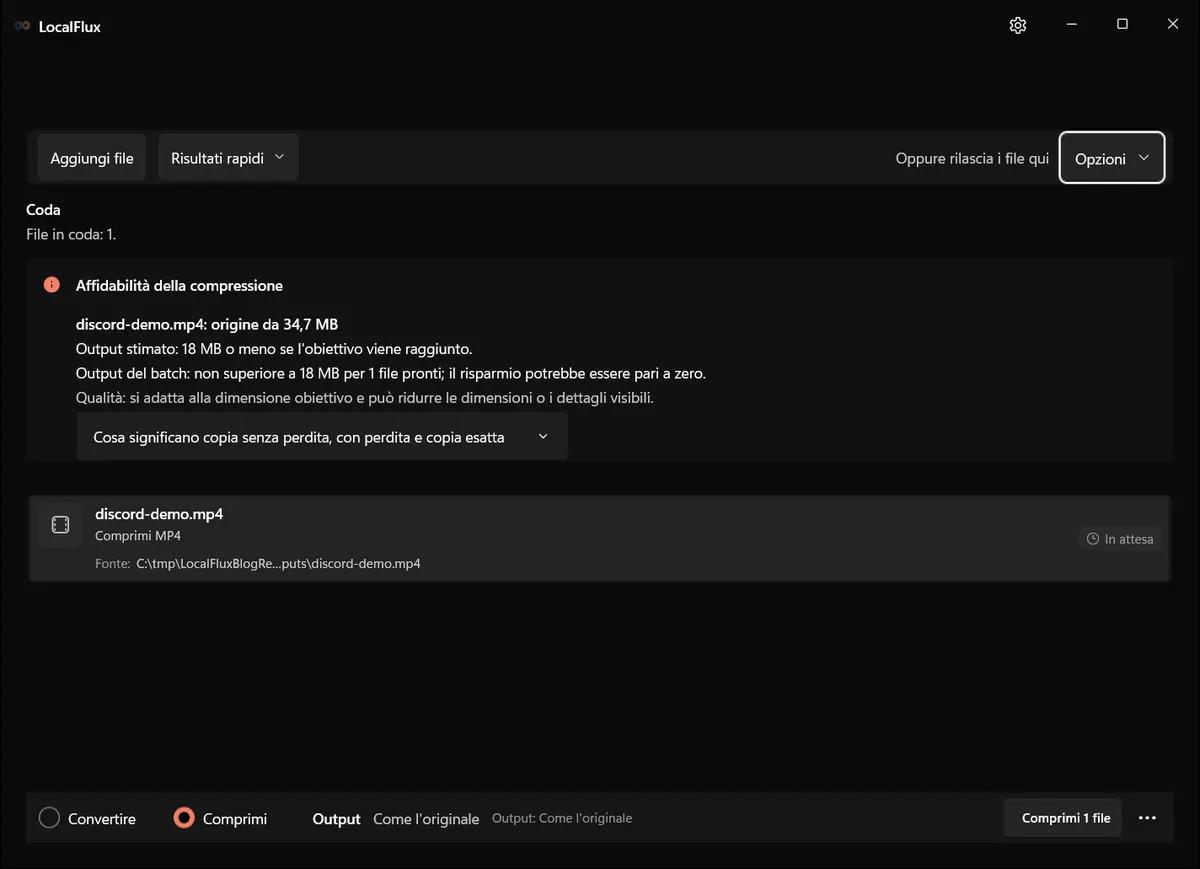 Video pronto per la compressione nell'interfaccia italiana di LocalFlux.