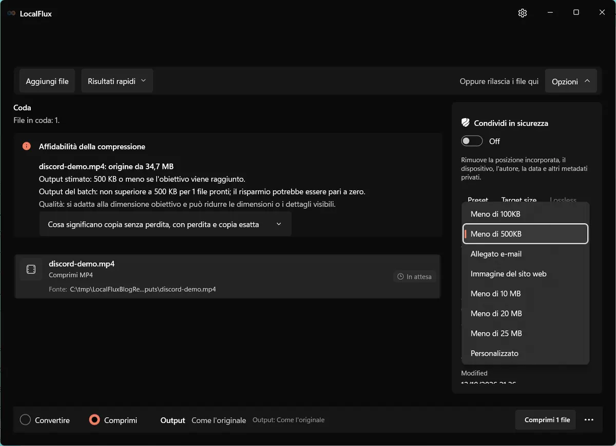 Menu delle dimensioni obiettivo in LocalFlux in italiano.