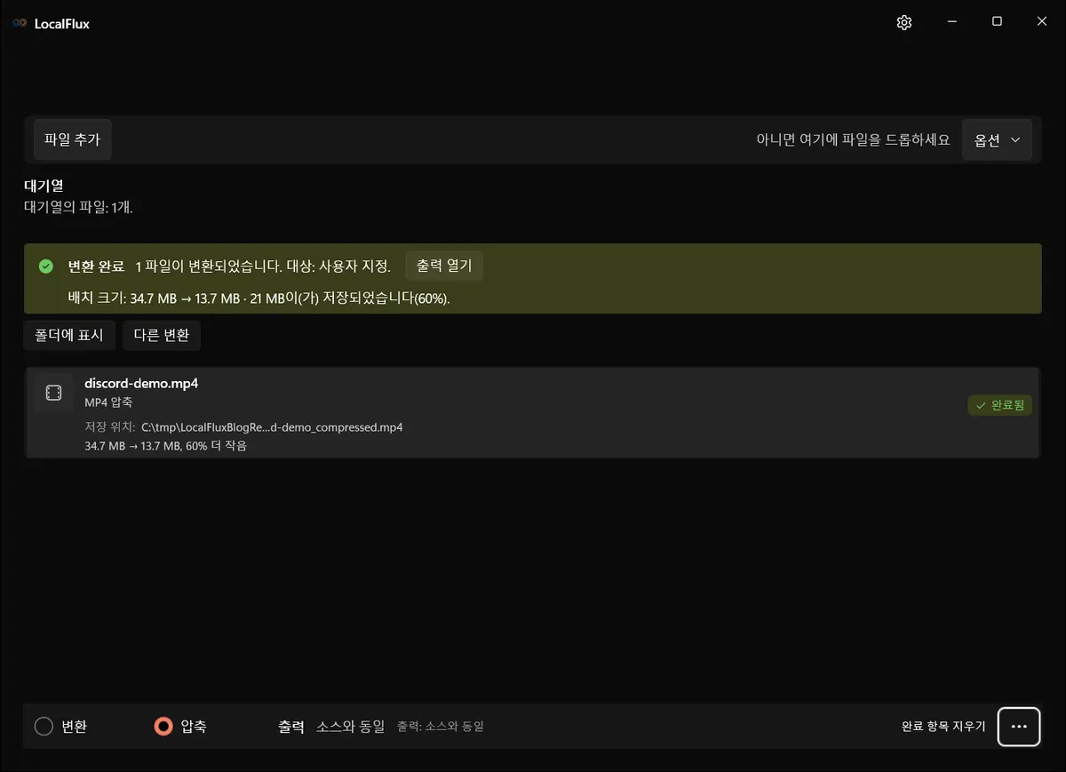 원본과 출력 크기를 보여 주는 한국어 LocalFlux 압축 완료 화면.