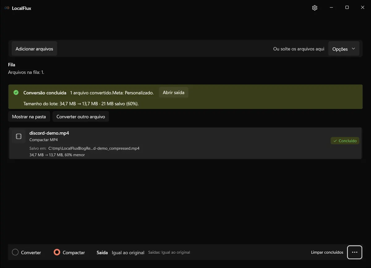 Resultado concluído no LocalFlux, com os tamanhos antes e depois da compactação.