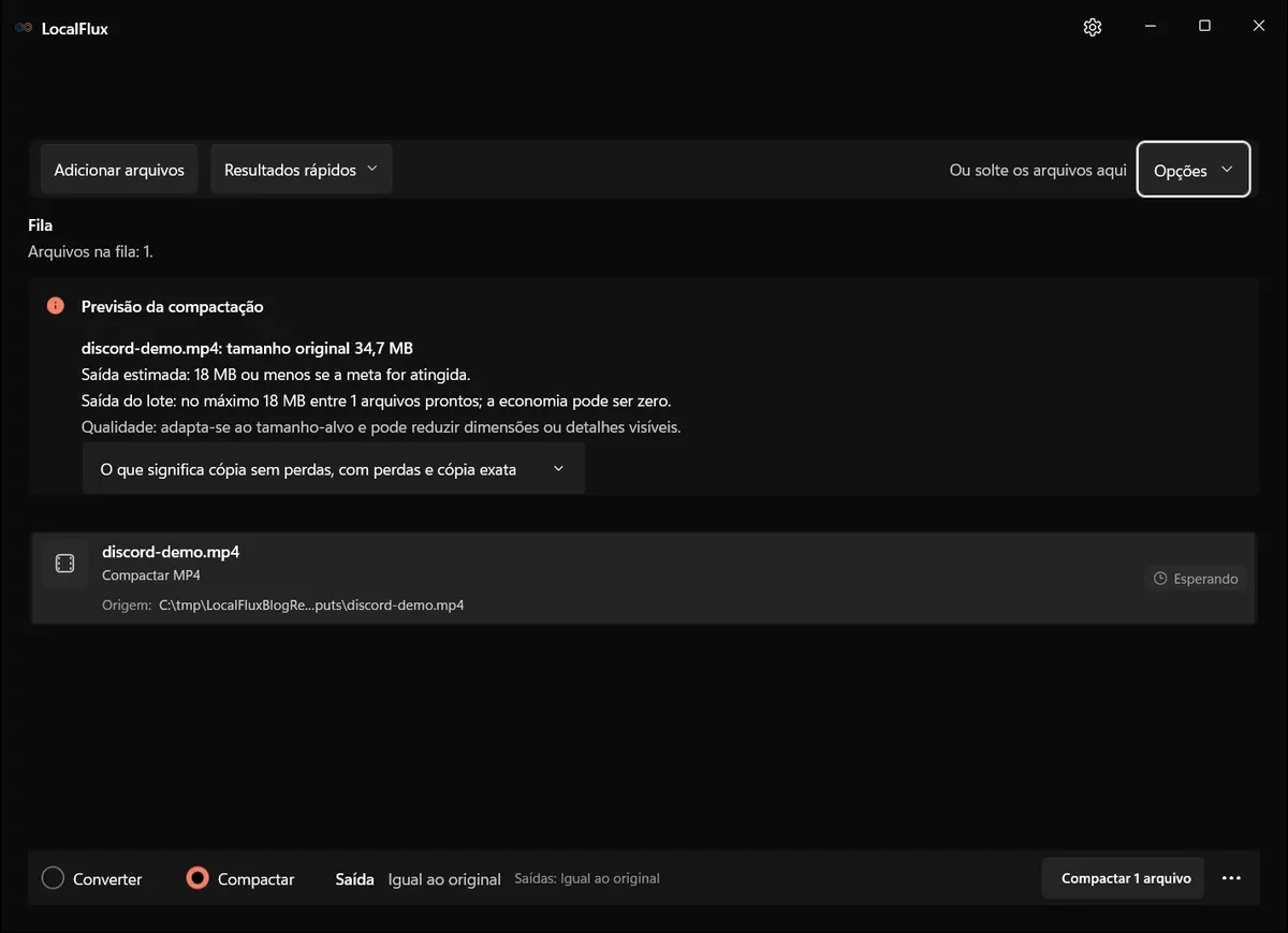 Vídeo pronto para compactação na interface em português do LocalFlux.