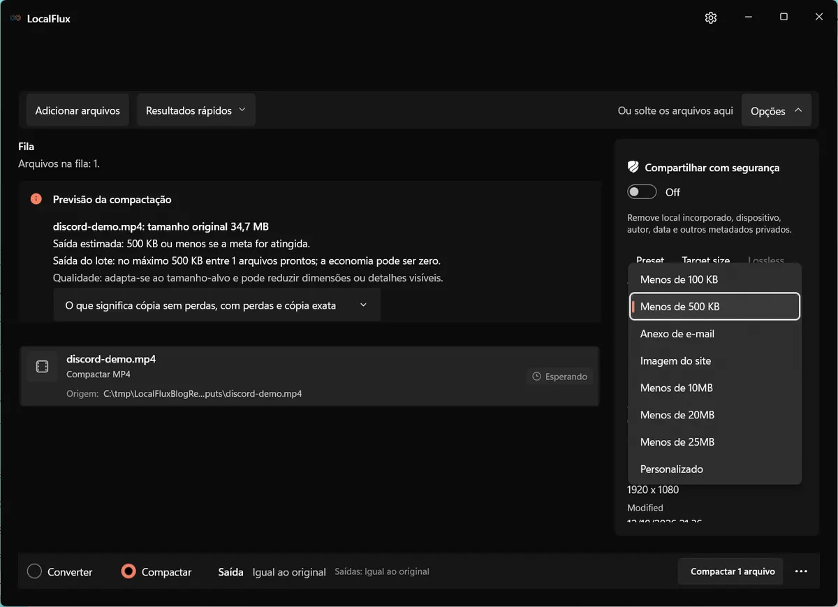 Opções de tamanho-alvo do LocalFlux em português brasileiro.