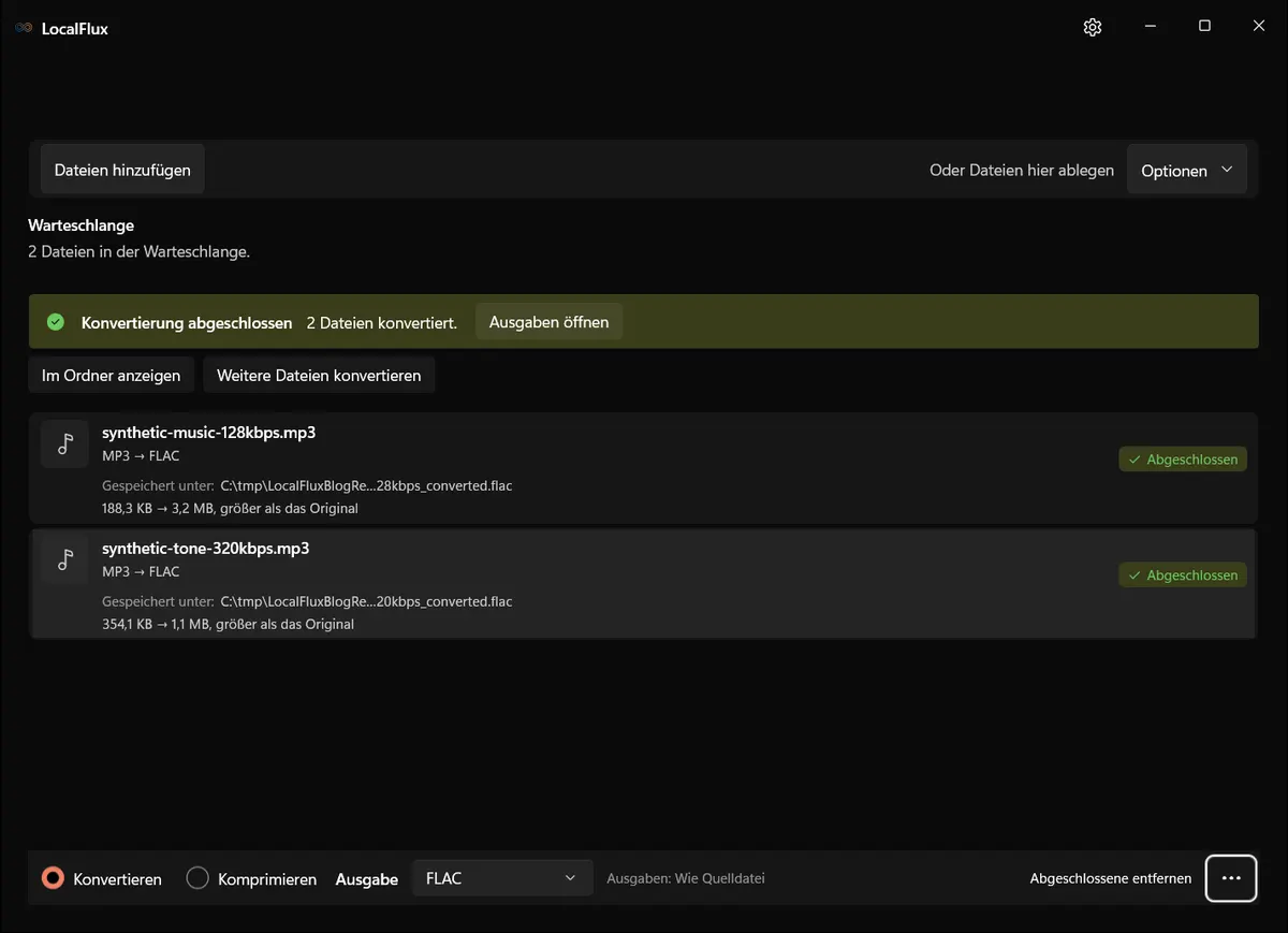 Abgeschlossene MP3-zu-FLAC-Konvertierungen mit größeren Ausgaben
