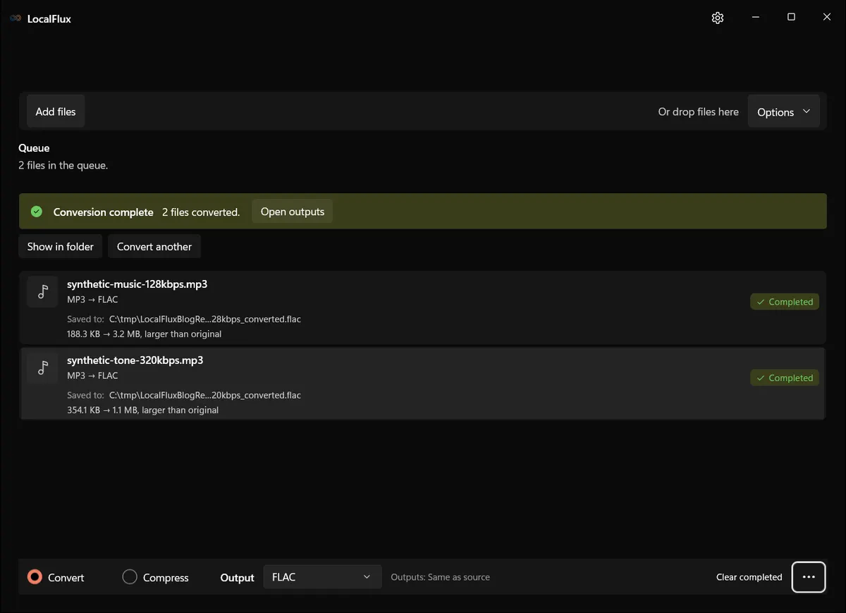 LocalFlux showing two completed MP3 to FLAC conversions with larger output files
