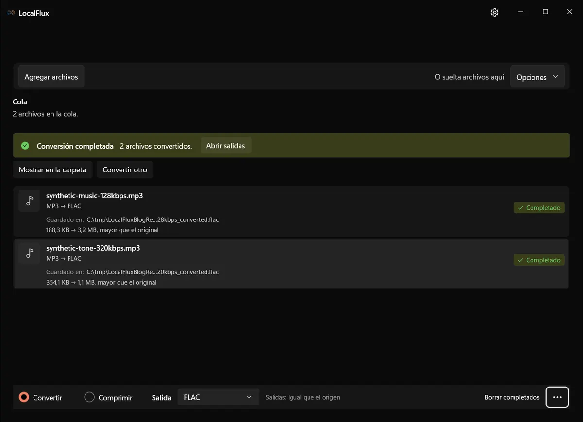Conversiones de MP3 a FLAC completadas con archivos más grandes