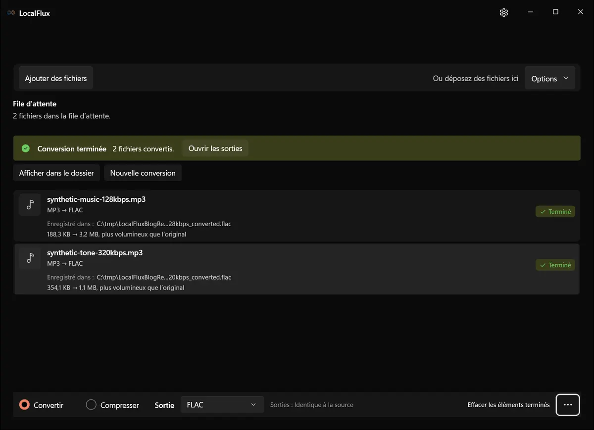 Conversions de MP3 en FLAC terminées avec des sorties plus grandes