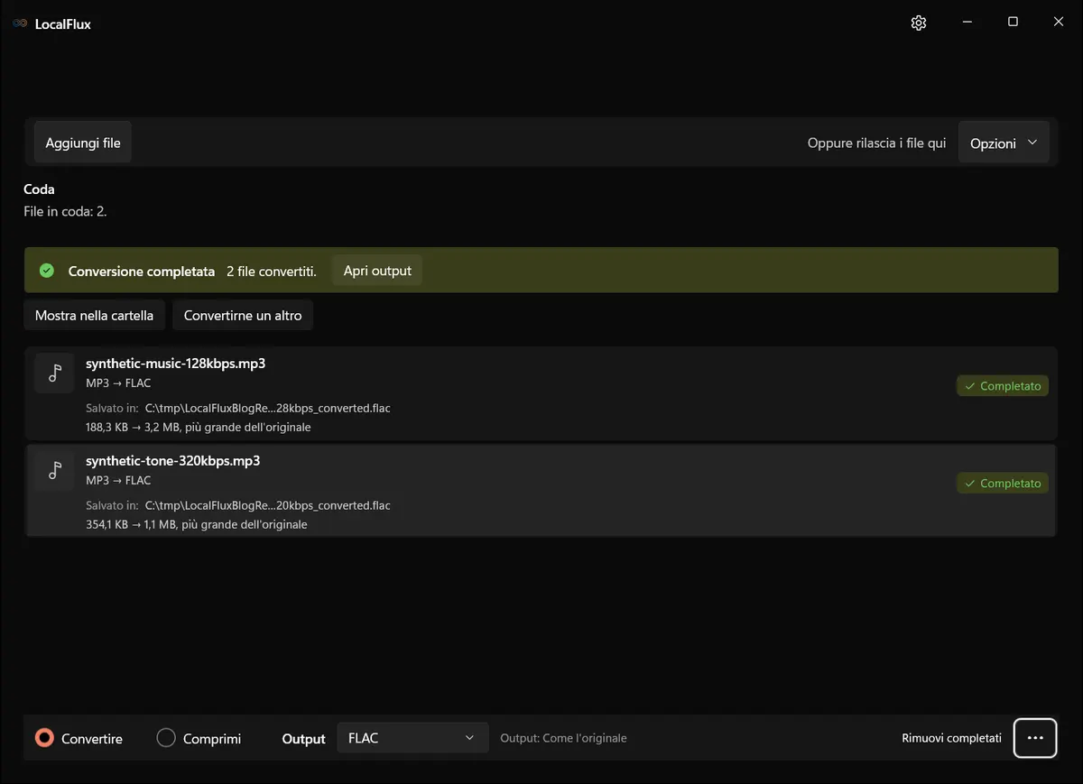 LocalFlux mostra due conversioni da MP3 a FLAC completate, con file di output più grandi