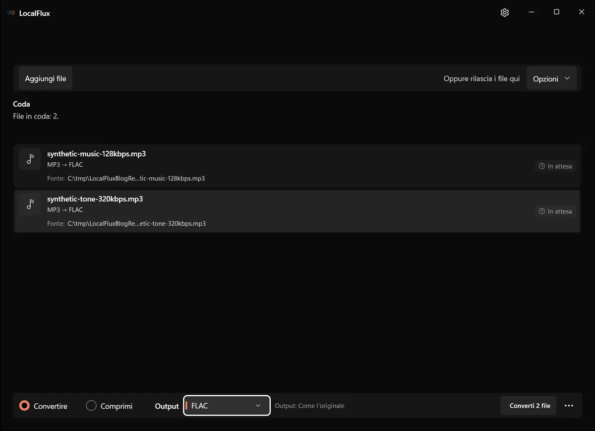 Due file MP3 di test pronti in LocalFlux