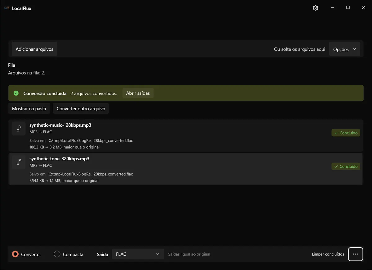 Conversões concluídas de MP3 para FLAC mostrando arquivos de saída maiores