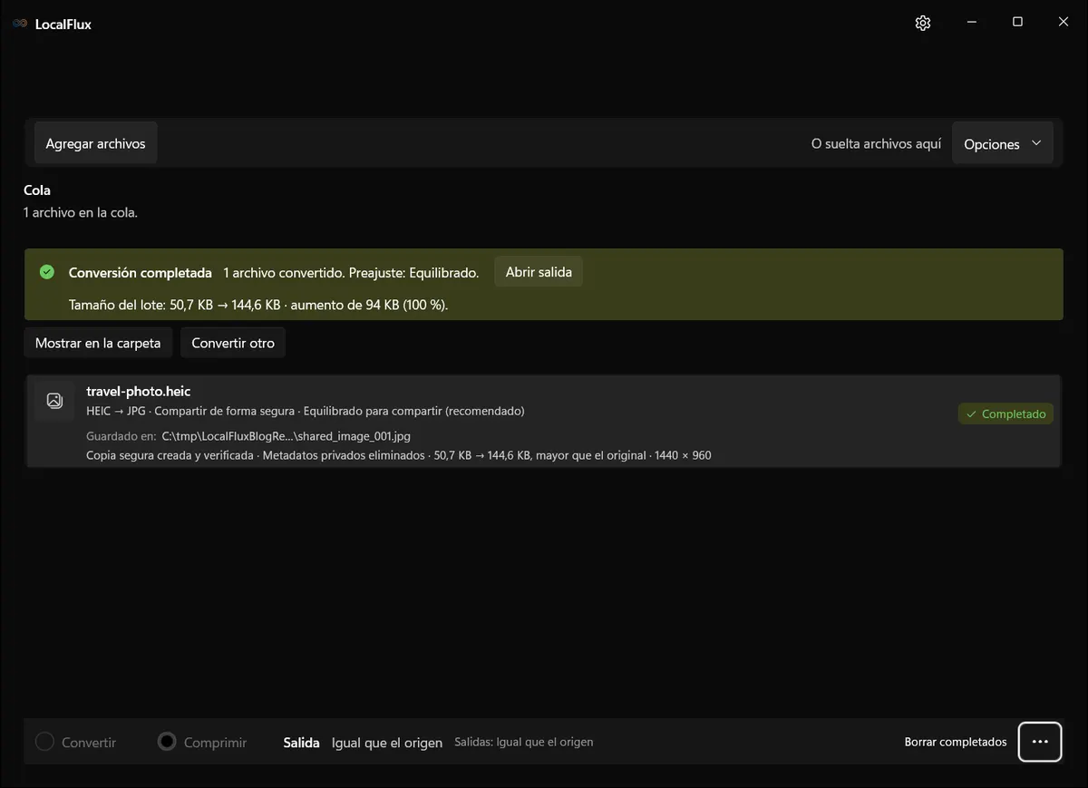 Resultado completado en LocalFlux: HEIC → JPG