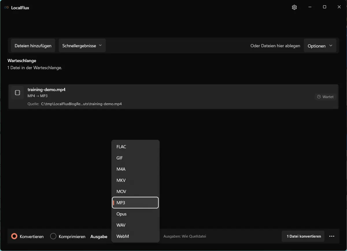 LocalFlux-Ausgabemenü für eine MP4-Quelle mit MP3 und WAV unter den unterstützten Zielen.