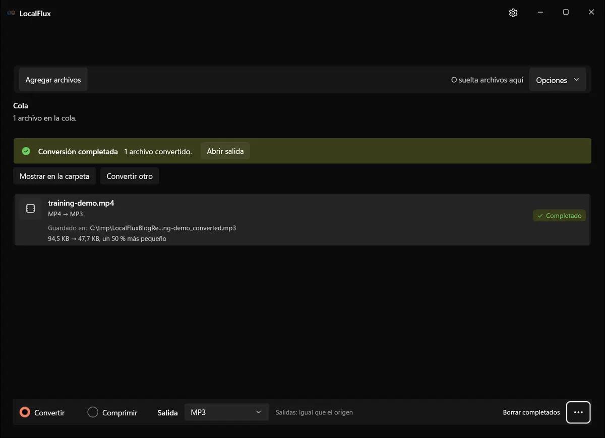 Extracción de MP3 completada en LocalFlux, mostrando el nuevo archivo y el cambio de tamaño.