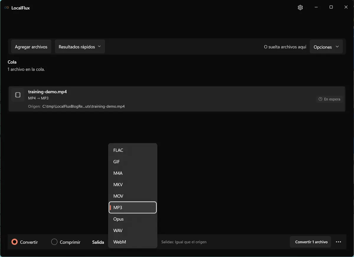 Menú de salida de LocalFlux para un MP4, con MP3 y WAV entre las opciones compatibles.