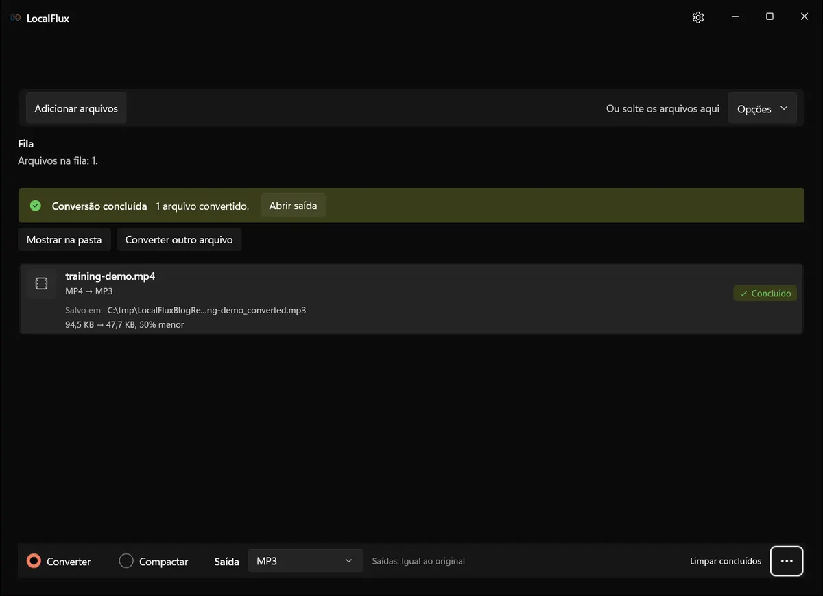 A conversão concluída de MP4 para MP3 no LocalFlux, mostrando o novo arquivo de áudio e a alteração de tamanho medida.
