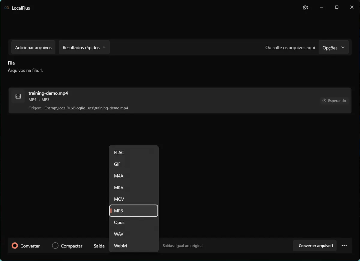 O menu de saída do LocalFlux para uma origem MP4, com MP3 e WAV disponíveis ao lado das saídas de vídeo compatíveis.