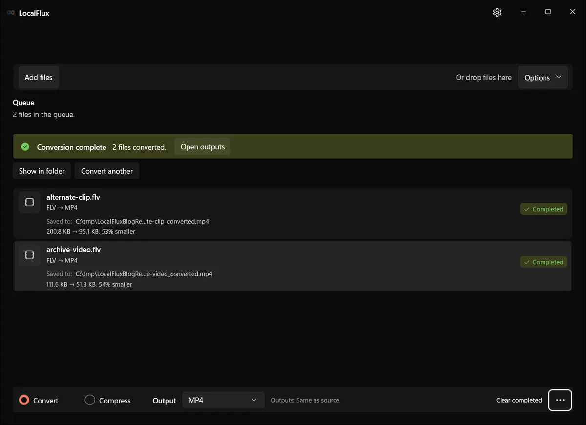 Completed FLV to MP4 conversion in LocalFlux