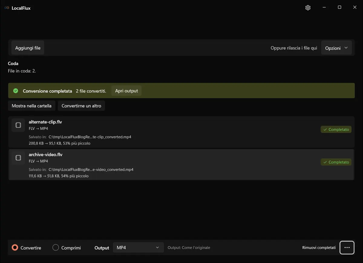 Conversione da FLV a MP4 completata in LocalFlux