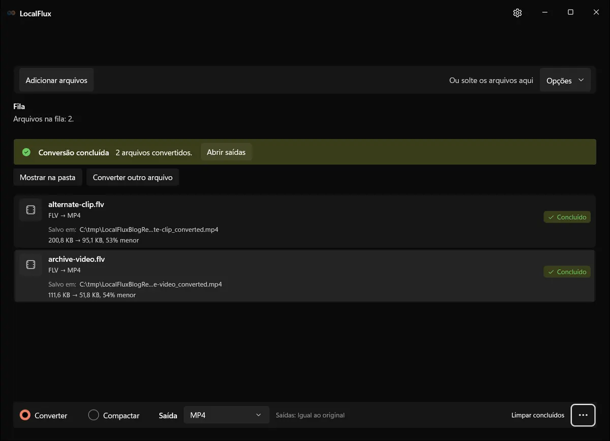 Conversão de FLV para MP4 concluída no LocalFlux