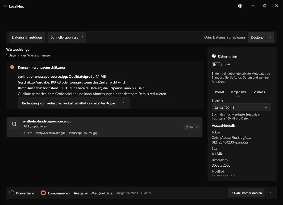 LocalFlux-Zielgrößenoptionen mit ausgewähltem Wert Unter 100 KB.