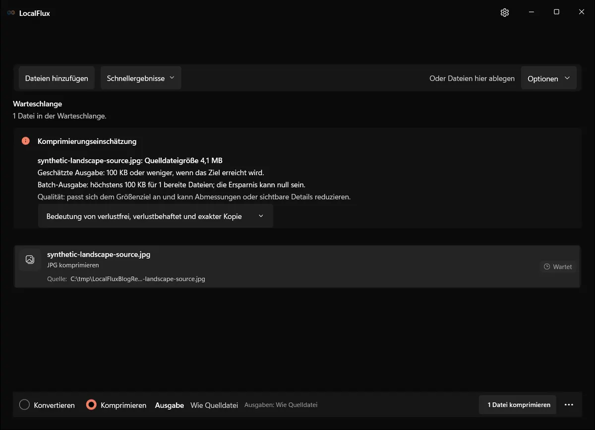 Ein synthetisches JPEG liegt im Modus Komprimieren bereit; die Zielgröße lässt sich unter Optionen prüfen.