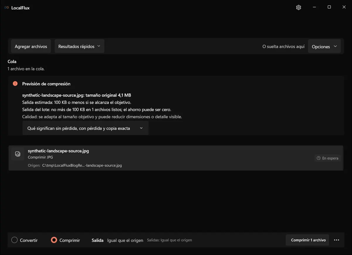 Un JPEG sintético está preparado en Comprimir; abre Opciones para comprobar el objetivo.