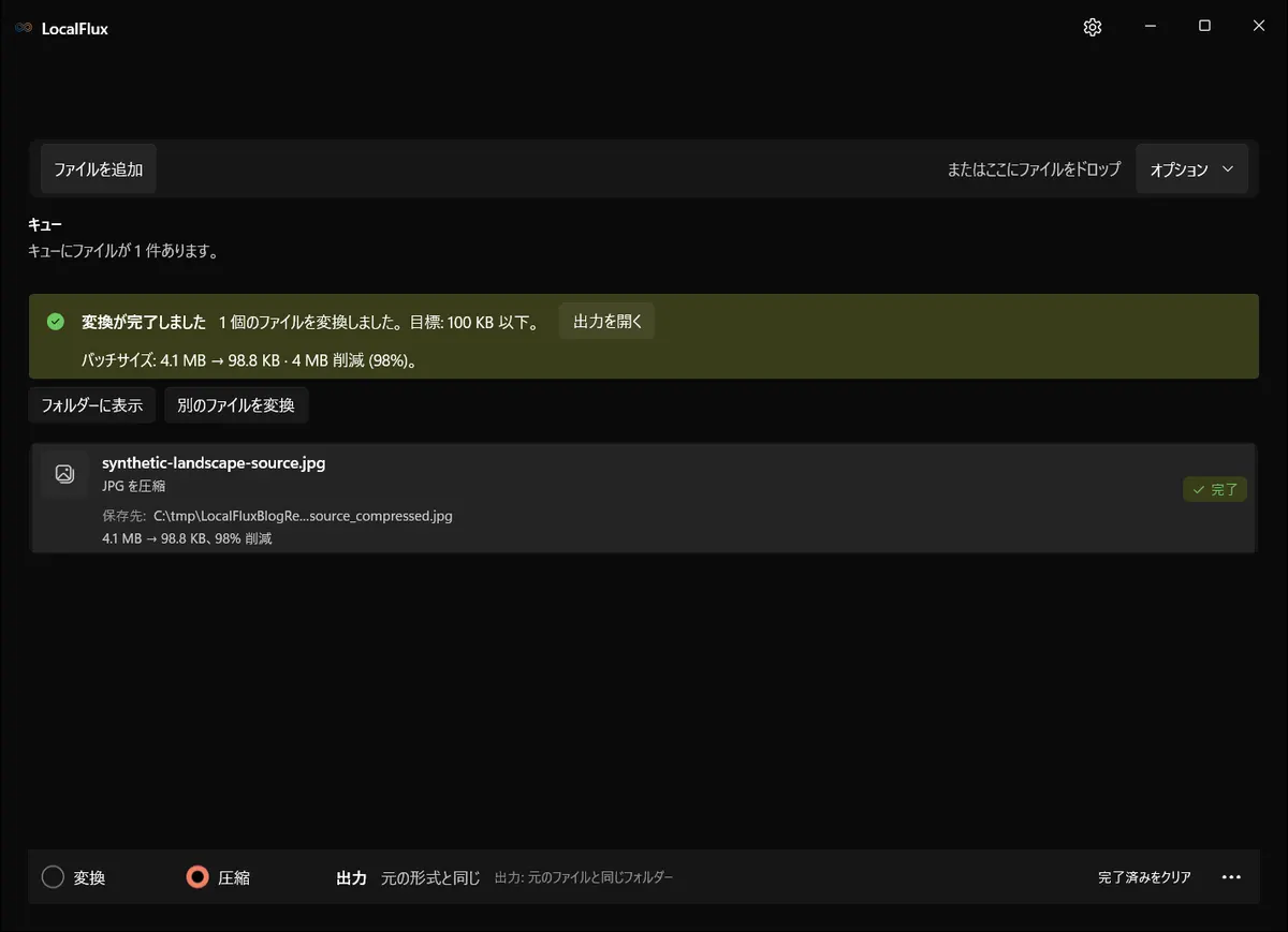 4.1MBのJPEGを98.8KBに圧縮したLocalFluxの完了画面。