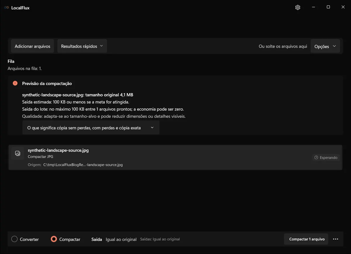 Um JPEG sintético está pronto no modo Compactar; abra Opções para conferir o alvo.