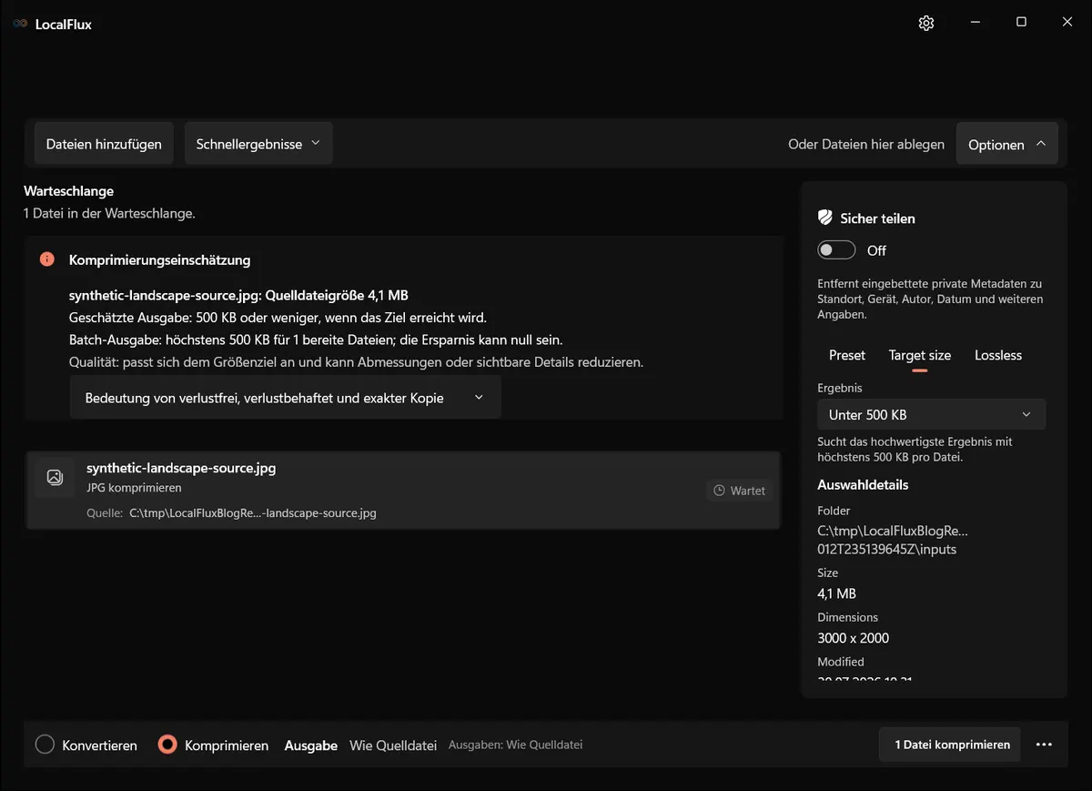 LocalFlux mit ausgewähltem Ziel Unter 500 KB.