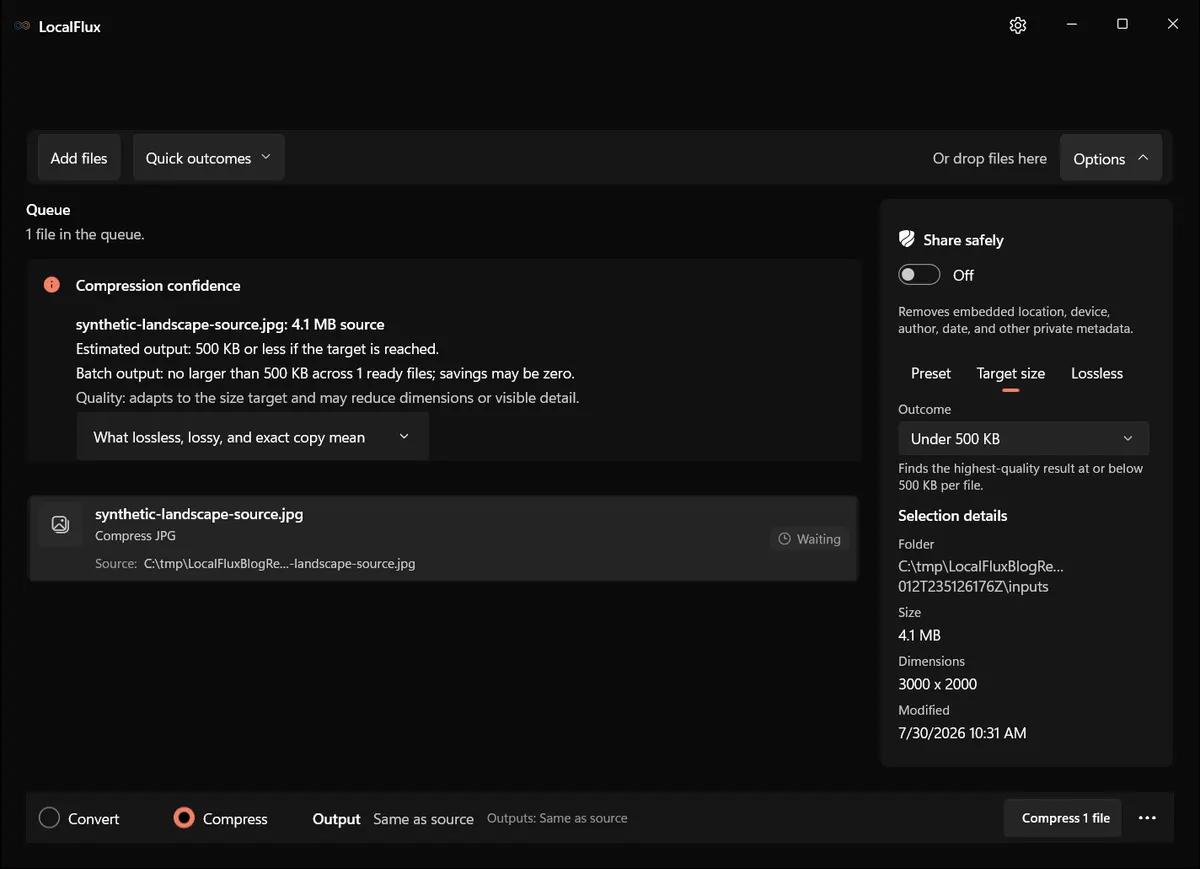 LocalFlux Target size options with Under 500 KB selected.