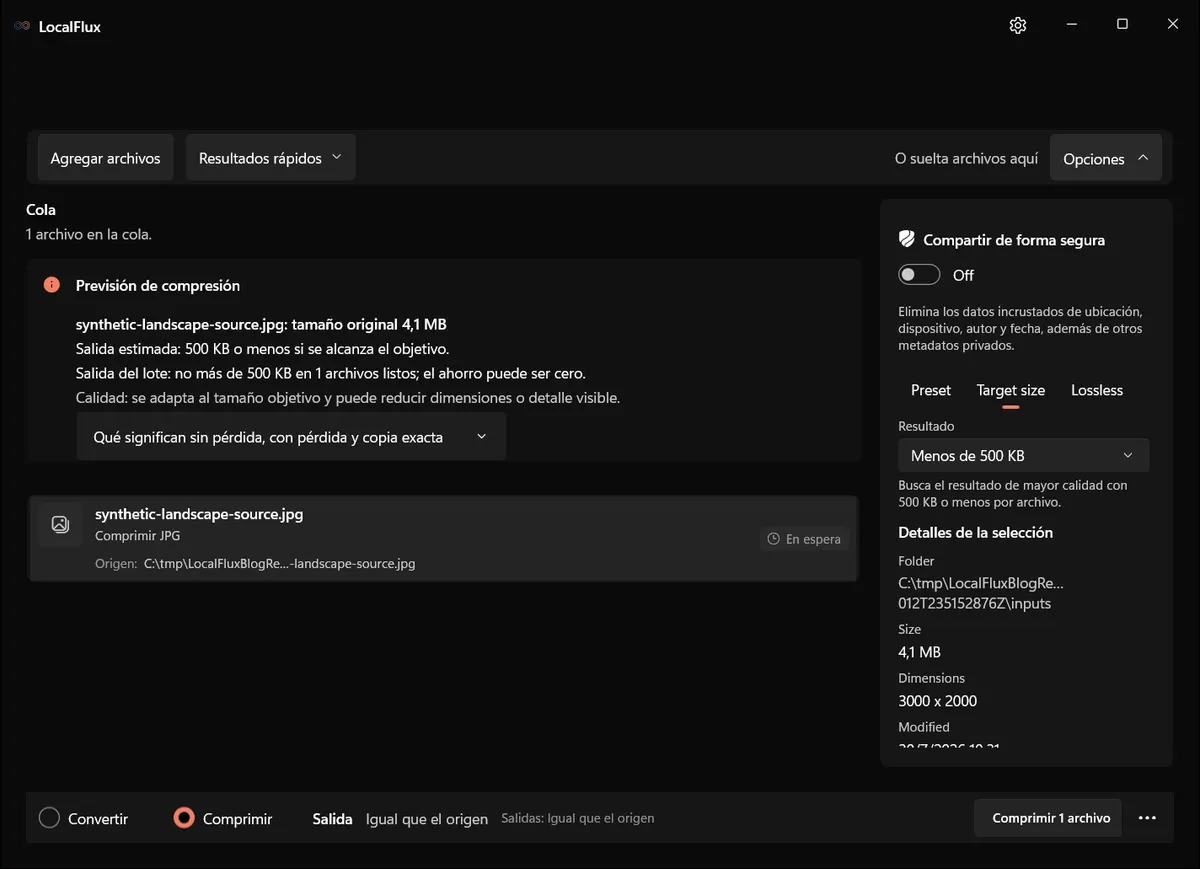 Opciones de LocalFlux con Menos de 500 KB seleccionado.