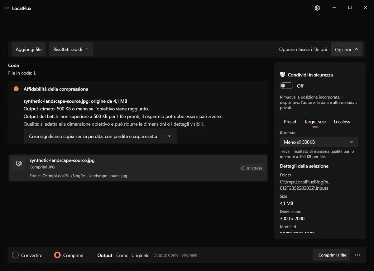 Opzioni Dimensione di destinazione di LocalFlux con Meno di 500KB selezionato.