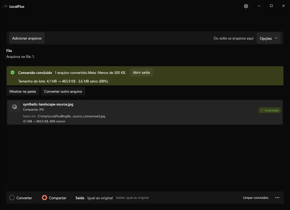 Compactação concluída no LocalFlux mostrando um JPEG de 4,1 MB reduzido para 485,9 KB, 88% menor.