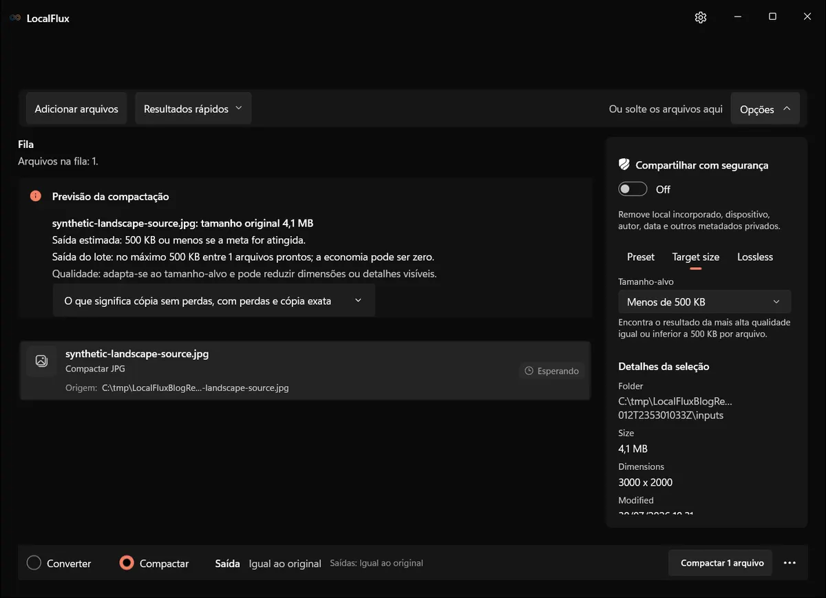 Opções de Target size do LocalFlux com Menos de 500 KB selecionado.
