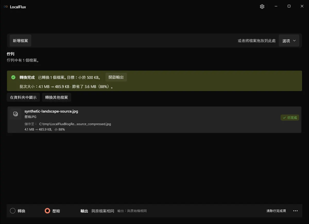 LocalFlux 壓縮完成,顯示一張 4.1 MB JPEG 已縮減至 485.9 KB,縮小 88%。