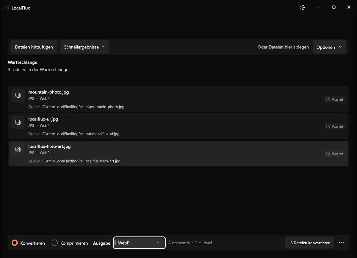 Drei JPGs warten in LocalFlux mit gewähltem WebP.