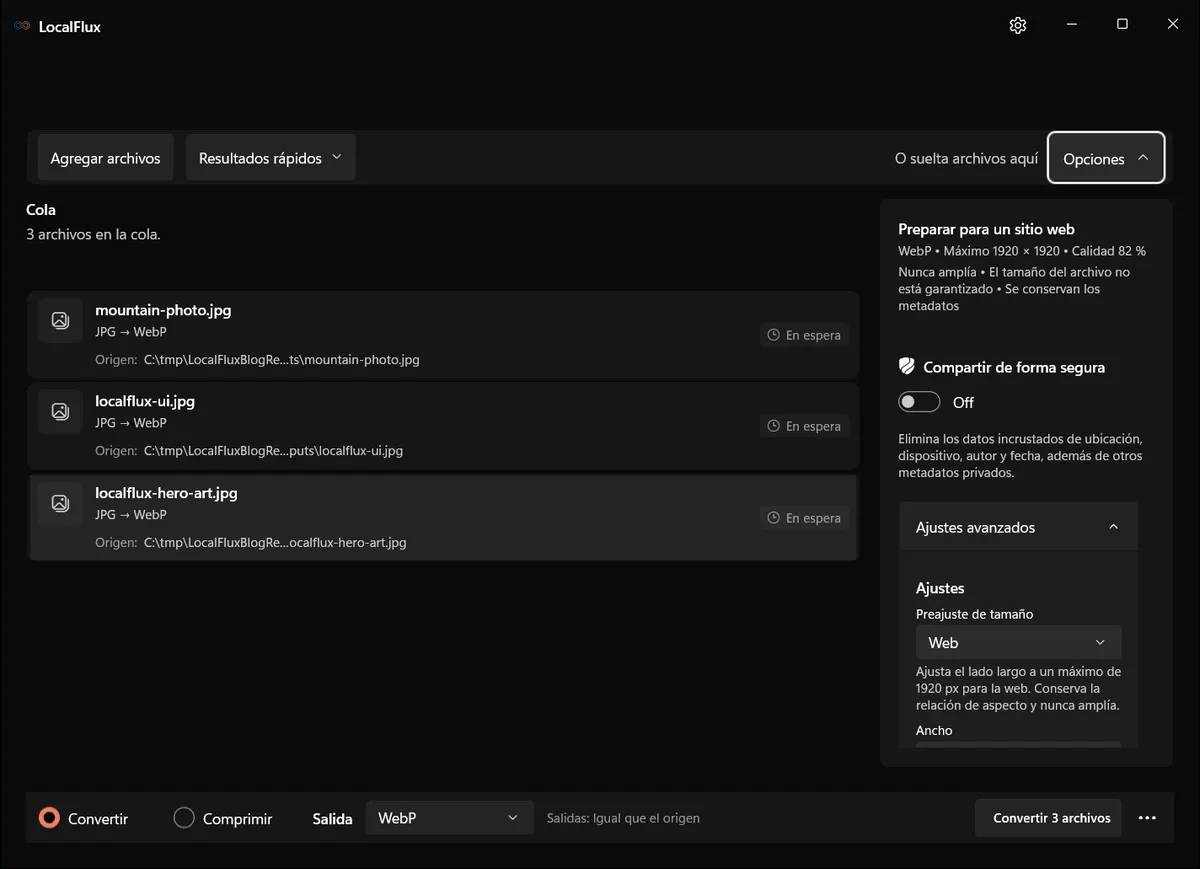 Preparar para un sitio web