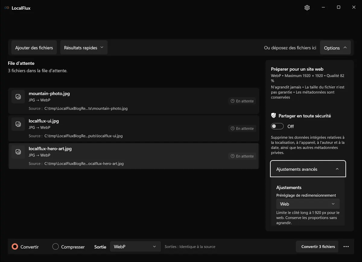 Les options affichent le résumé web et les ajustements avancés déployés.