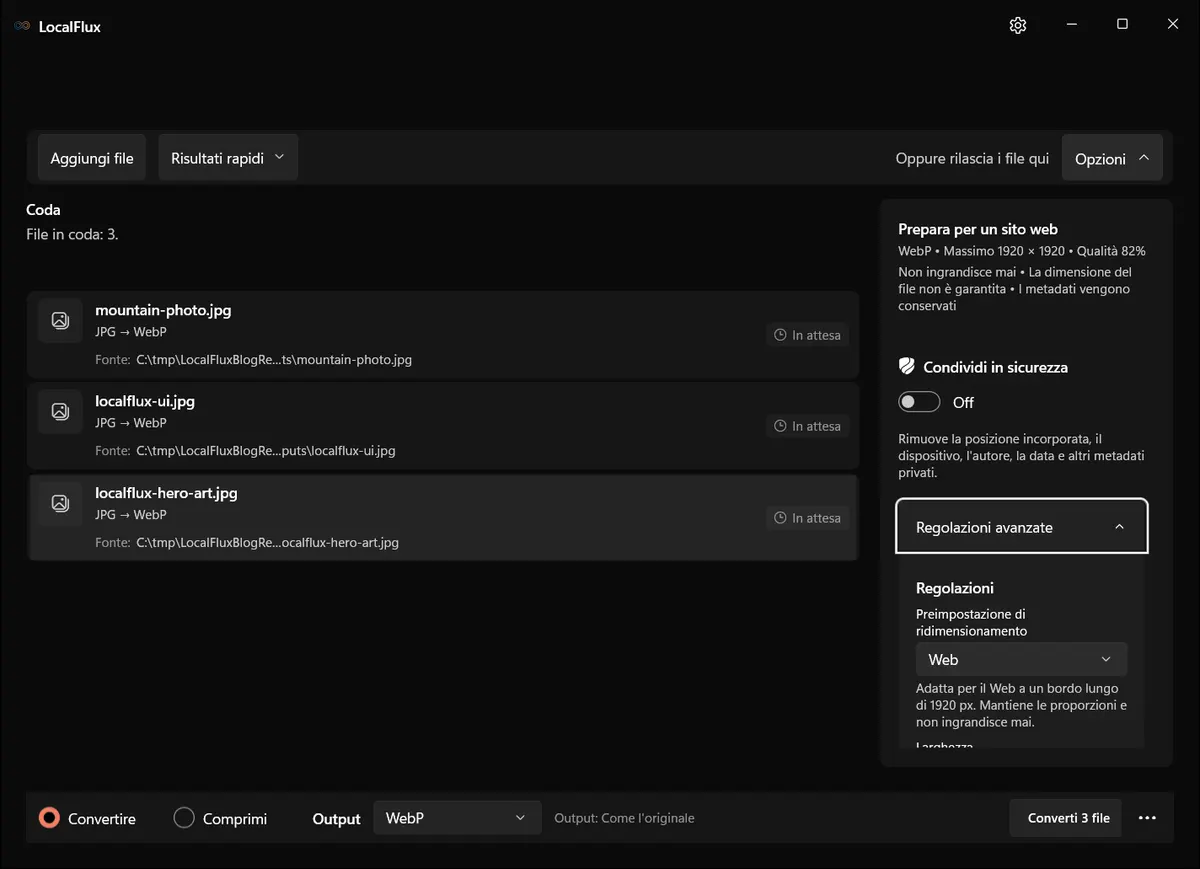 Le opzioni mostrano il riepilogo per il sito web e le regolazioni avanzate espanse.