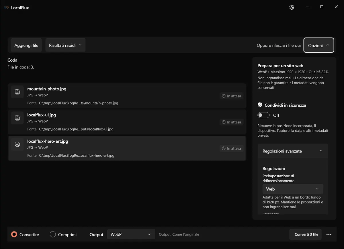 Prepara per un sito web