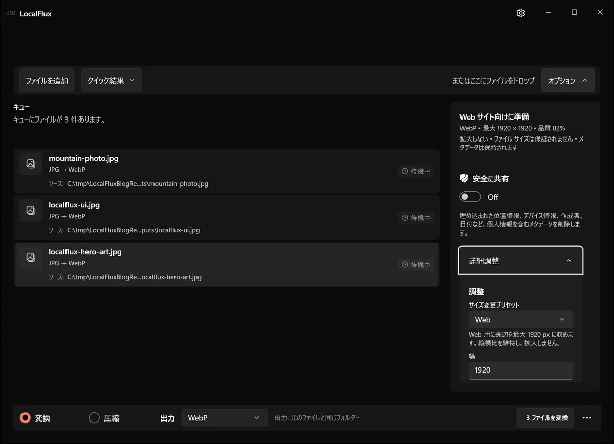 オプションにWeb用の設定概要と展開した詳細調整が表示されている。