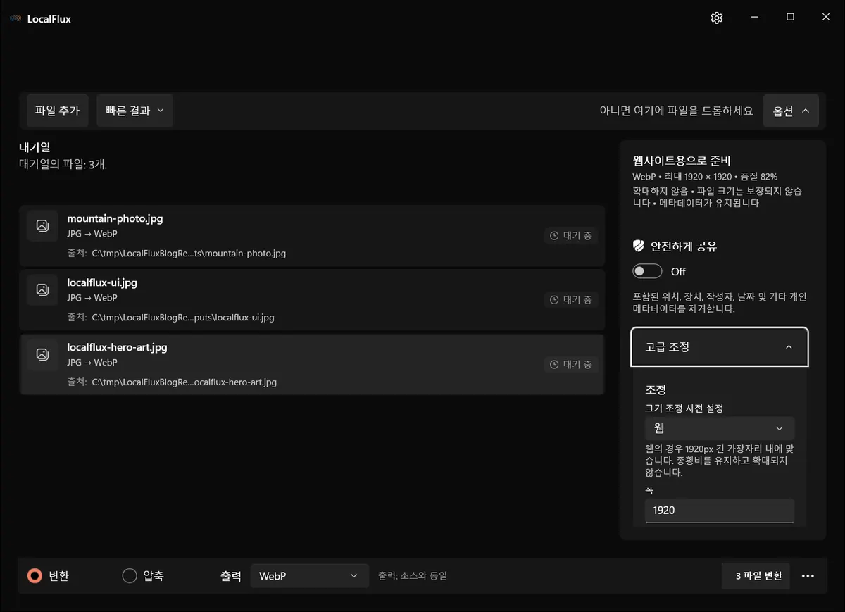 옵션 패널에 웹사이트 설정 요약과 펼친 고급 조정이 표시됩니다.