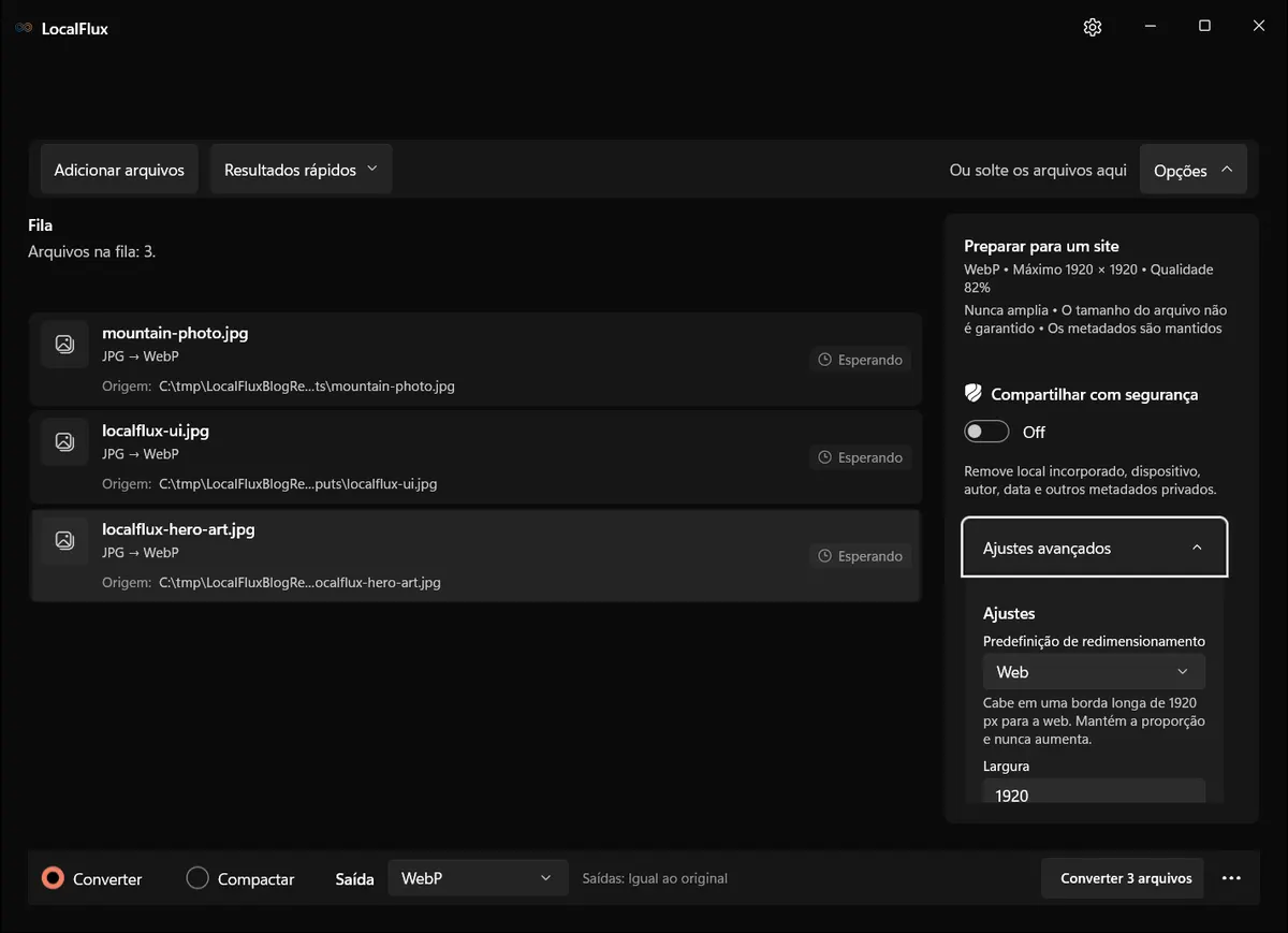 As opções mostram o resumo para sites e os ajustes avançados expandidos.