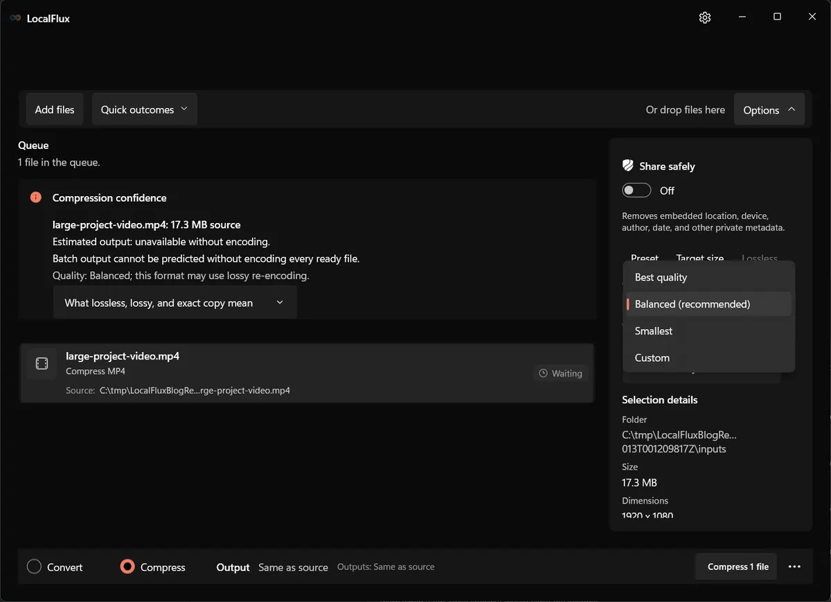 LocalFlux compression menu showing Best quality, Balanced, Smallest, and Custom presets.