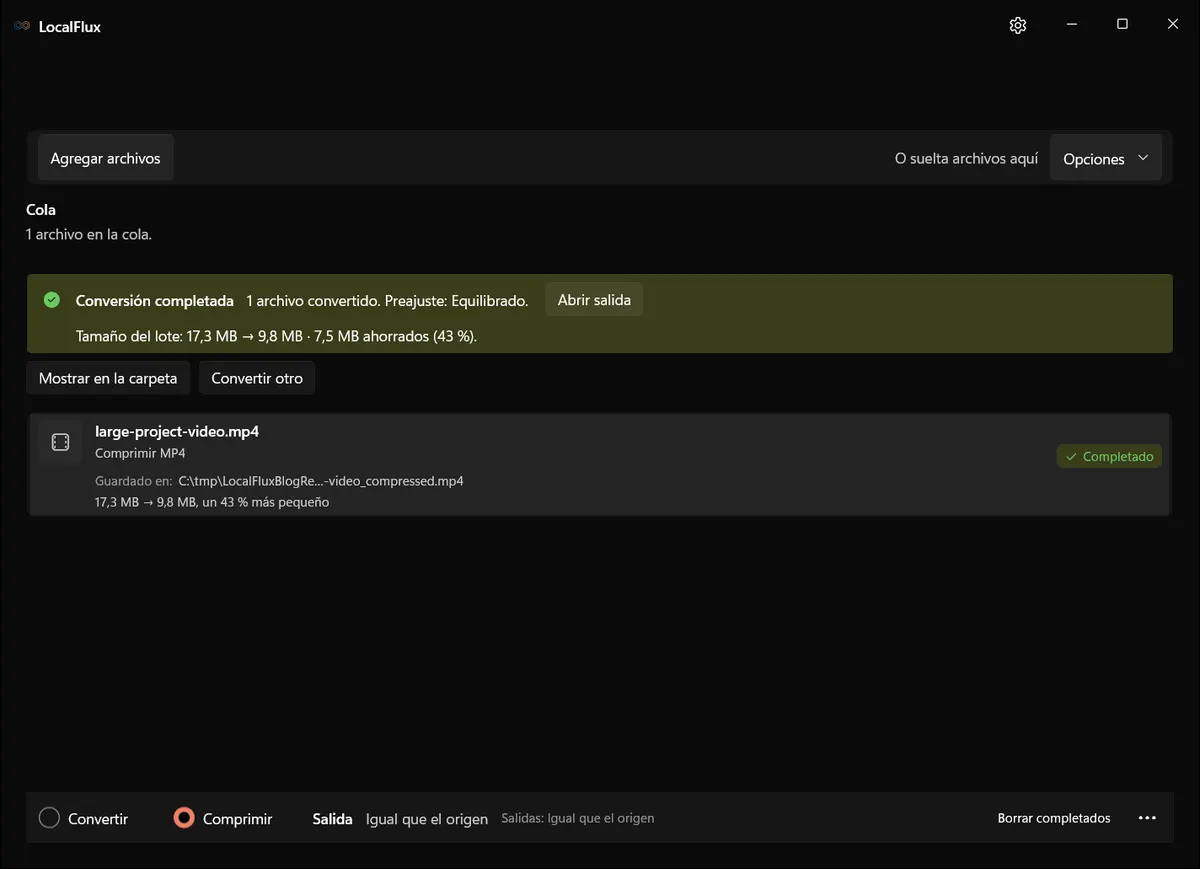 Compresión completada en LocalFlux: de 17,3 MB a 9,8 MB, un 43 por ciento menos.