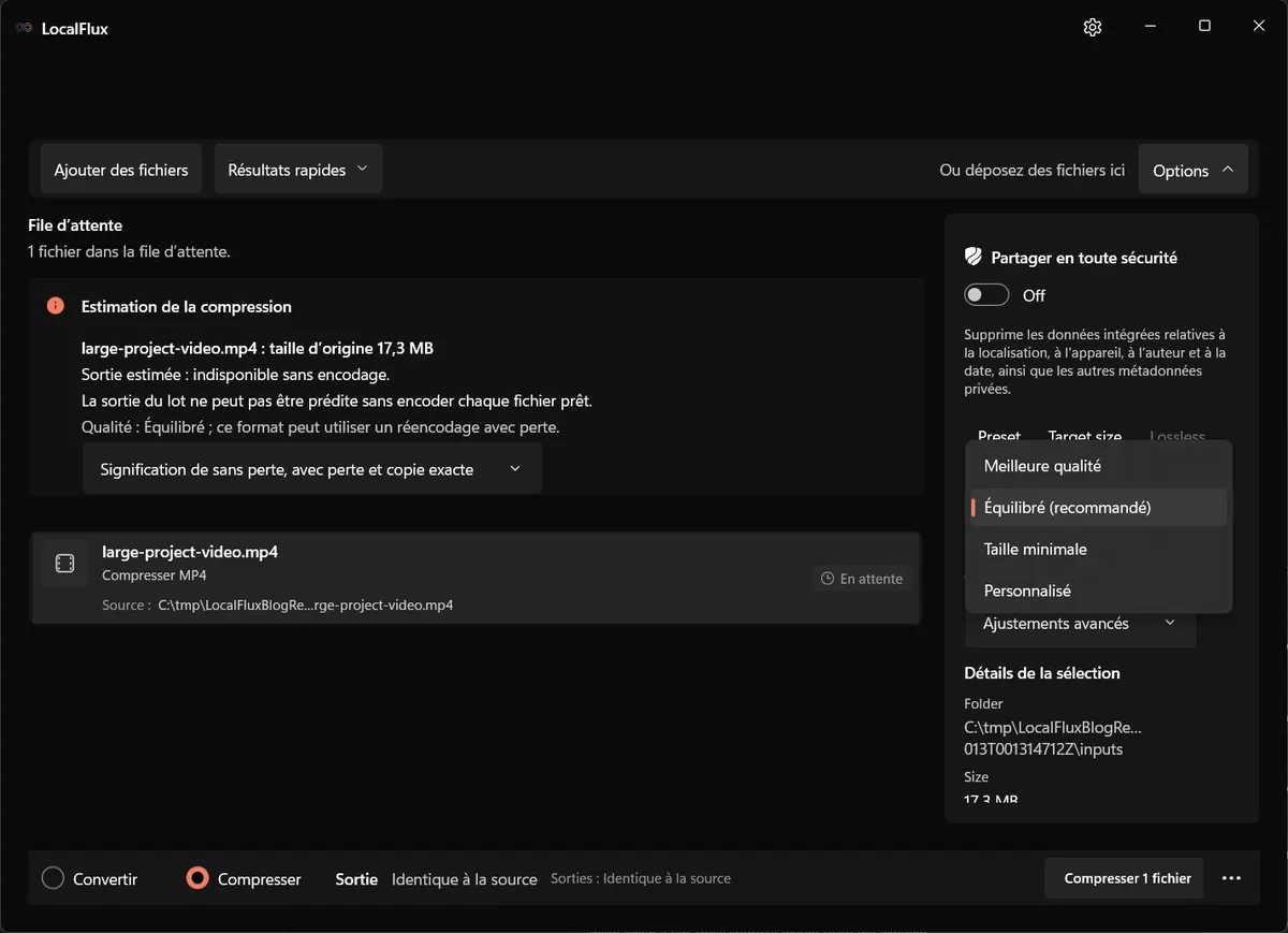 Menu de compression de LocalFlux avec Meilleure qualité, Équilibré, Taille minimale et Personnalisé.