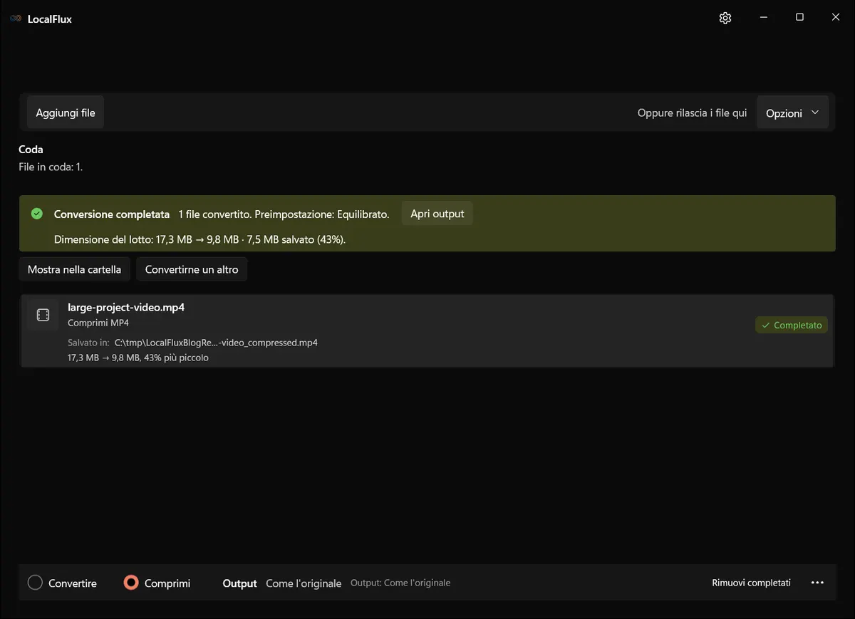 Compressione completata in LocalFlux: da 17,3 MB a 9,8 MB, con una riduzione del 43 percento.