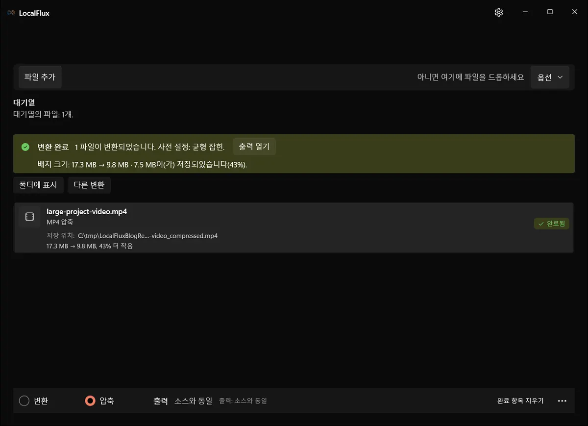 17.3 MB가 9.8 MB로 줄어 43% 감소한 LocalFlux 압축 완료 화면.