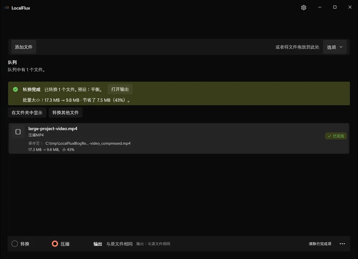 LocalFlux 压缩完成,显示 17.3 MB 减至 9.8 MB,缩小 43%。