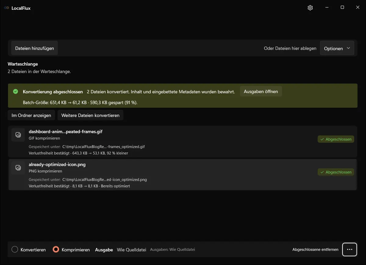 LocalFlux zeigt ein verlustfrei verifiziertes GIF, das 92 Prozent kleiner ist.