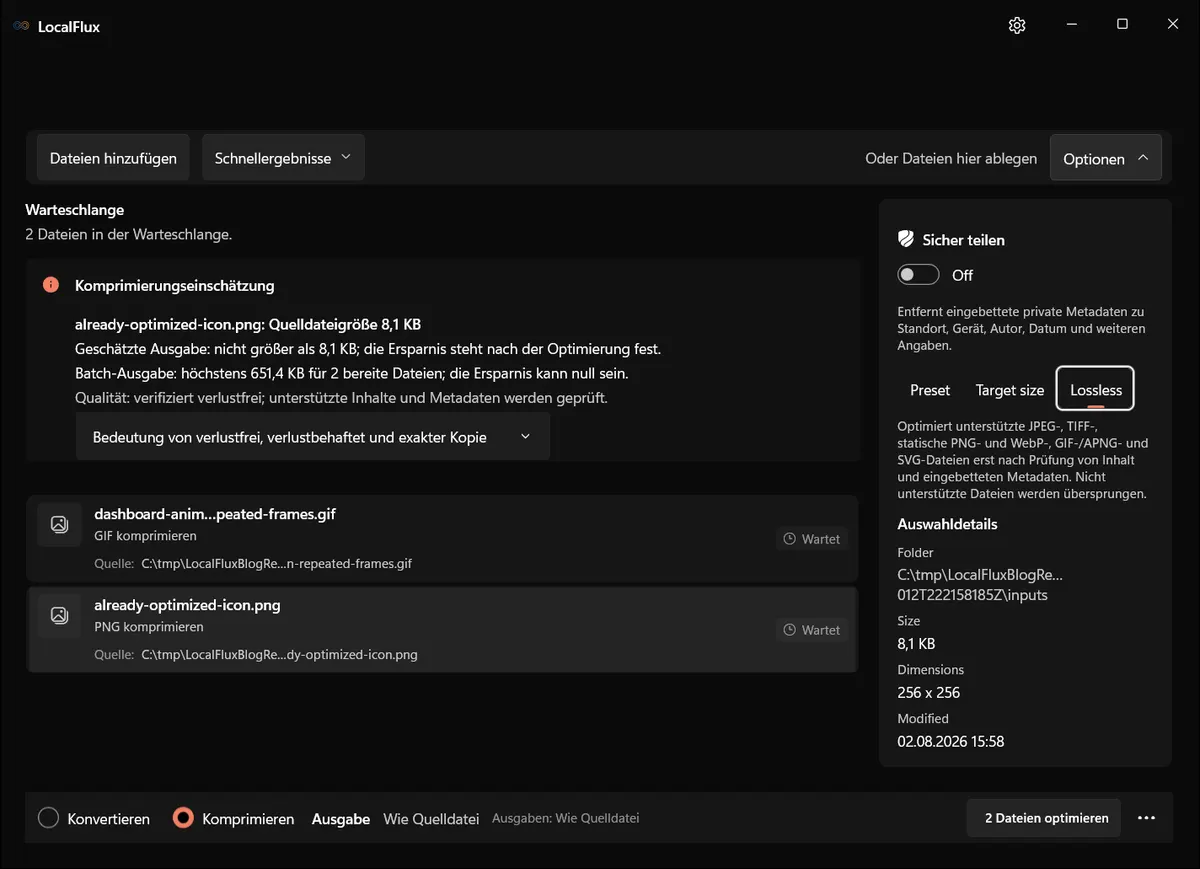 LocalFlux mit zwei synthetischen Dateien unter C:\tmp und ausgewählter Verlustfrei-Strategie.